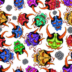 Hannya Mask Japanese Tattoo Seamless Pattern. Hand Drawn Seamless Pattern. Oni mask