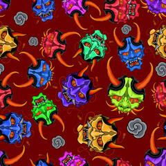 Hannya Mask Japanese Tattoo Seamless Pattern. Hand Drawn Seamless Pattern. Oni mask