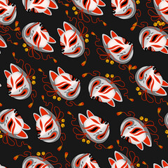 Naklejka premium Kitsune Mask Japanese Tattoo Seamless Pattern. Japanese Fox Mask. Hand Drawn Seamless Pattern