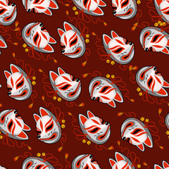 Naklejka premium Kitsune Mask Japanese Tattoo Seamless Pattern. Japanese Fox Mask. Hand Drawn Seamless Pattern