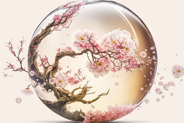 A captivating scene of sakura blossom enclosed in a pink water bubble , generated by IA