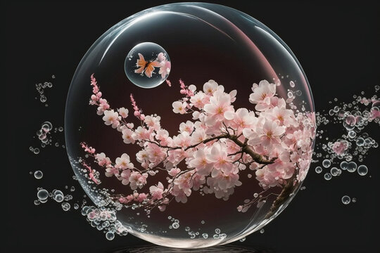 The stunning contrast of pink water and sakura blossom in a bubble , generated by IA