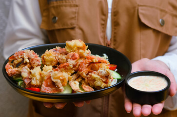 Soft-shell crab salad served with organic lettuce, clean food for health lovers