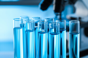 Test tubes with light blue liquid in laboratory, closeup
