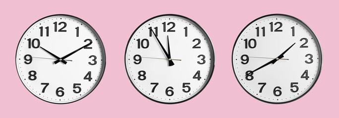 Stylish clock showing different time on pale pink background, collage design