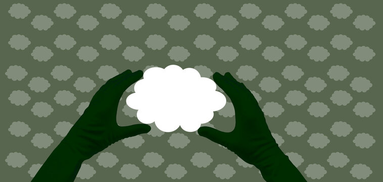 Zwei H&auml;nde halten eine Weisse Wolke und weisse Wolken im Hintergrund