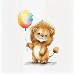 Fototapeta premium Adorable watercolor Illustration of Safari animals - baby lions with balloons on a white background, perfect for a nursery or children room, for invitation, postcard, sticker and banner. Generative AI