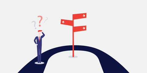 No Choice, Only Backwards? -  Business or Career Decisions Design Concept with U Turn, Road Sign and Uncertain Man Thinking of His Options, What Way to Choose for the Future - Vector Illustration