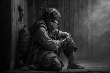 Ancient traditional chinese assassin ninja in black clothes. Dark background wallpaper.