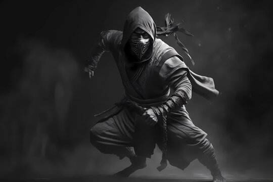 Ancient traditional chinese assassin ninja in black clothes. Dark background wallpaper. Ai generated.