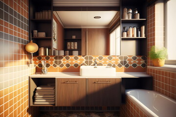 Fototapeta na wymiar interior 1970s style retro bathroom with orange and brown tiles, created with generative ai