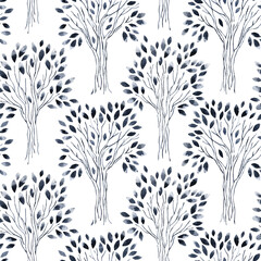 Watercolor seamless pattern with trees with leaves in gray and black colors. Abstract nature illustration  for textile print, page fill, wrapping paper, wallpaper