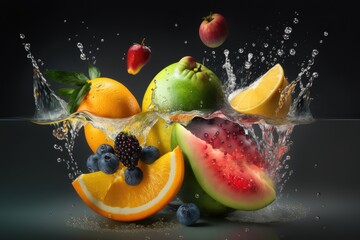 Fototapeta na wymiar fruit in water splash on black background with Generative AI