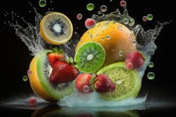 fruit in water splash on black background with Generative AI