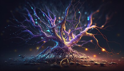Neurons, Active nerve cells, Conceptual illustration of neuronal cells with bright connecting nodes in the abstract dark space, illustration in high resolution, 3D rendering