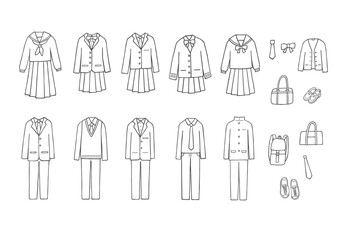 いろんな制服の手描きイラストセット（モノクロ）