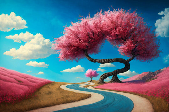 Valentine's Day Landscape background image with winding road, large full tree with pink blossoms, blue sky, white clouds. Generative AI