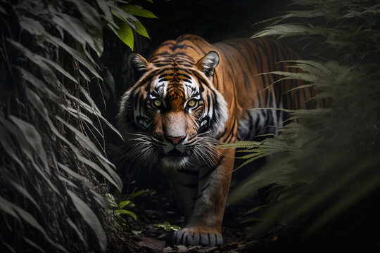 Tiger in tropical rainforest at night dark background. Generative AI