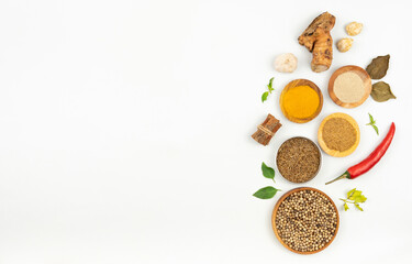 Herb and spices flat lay copy space background