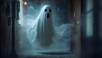 Scary, spooky ghost in haunted house. - obrazy, fototapety, plakaty