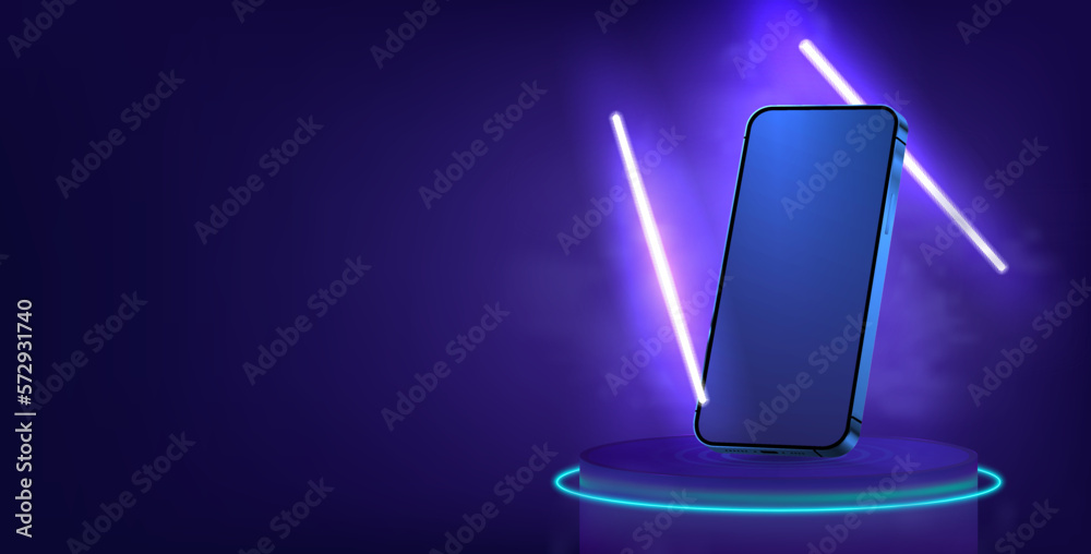 Poster a mobile phone in futuristic stage with neon. 3d smartphone mockup with blank screen. futuristic mob