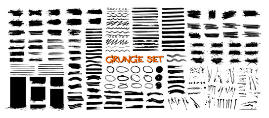 Obraz na płótnie Canvas Dried ink strokes, paint streaks, splatter marks, various brushes. Grunge circle frames, paint brush strokes, dirty design elements graphic box. Rectangle, square and burst text template. Vector set