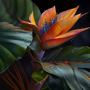 tropical flower in the wild with water droplets
