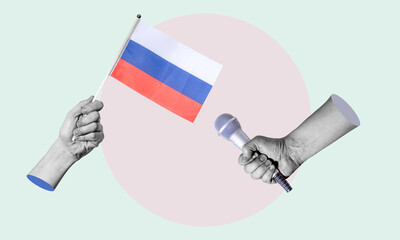 Art collage, collage of a hand holding the Russian flag, microphone in the other hand.