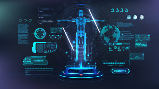 MRI scanning Human body in HUD style. Hologram x-ray examination anatomy and skeleton body human. Futuristic clinic with full examination with HUD, UI. Futuristic healthcare concept. Vector