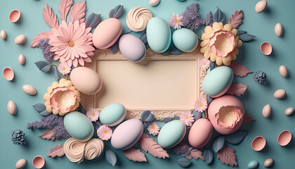 Fototapeta na wymiar frame surrounded with easter eggs and flowers, pastel pink, pastel blue, copytext space, generative AI