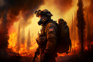 Naklejka premium Firefighter in full gear in front of a wildfire. generative AI