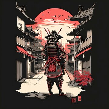 Japanese samurai in old town illustration
