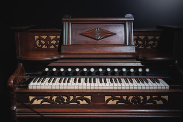 Naklejka na ściany i meble Antique inlaid Wood Piano, Music Instrument Theme