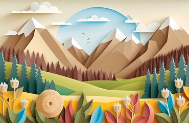 Mountains papercut background. Art style landscape illustration in craft style. Layered spring or summer design with mountains, forest, grass, sun and cloud. Space for text.