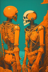 vintage sci-fi painting of two skeleton aliens, made with generative ai