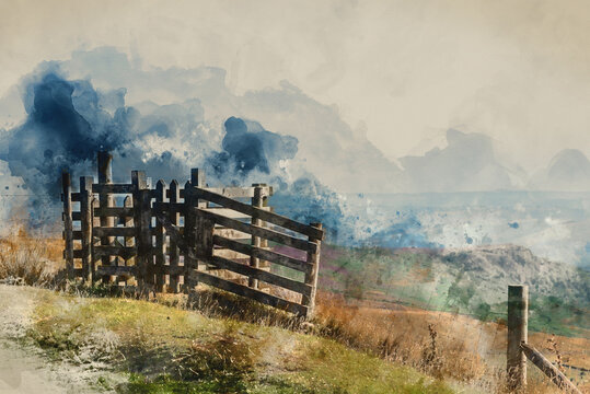 Landscape image looking through stile into Peak District countryside in late Summer with shallow depth of field