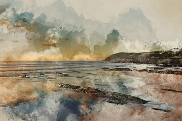 Stunning landscape image of Croyde beach in Devon during late Summer in England with beautiful clouds formations and colours