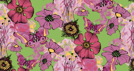 Foto op Plexiglas Fantastic flowers and butterflies. Seamless pattern. Vector illustration. Suitable for fabric, mural, wrapping paper and the like © Helen Trupak