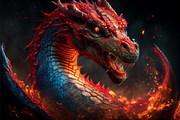 red dragon close-up 3d. Generative AI © mila103