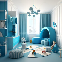 Bright and cozy modern playroom interior with blue furniture and decoration room on empty blue or white wall background, Ai generated
