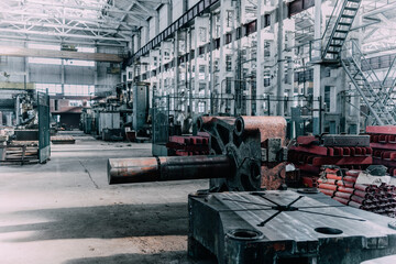 Old equipment, machines, tools in a rustic style in an abandoned mechanical factory