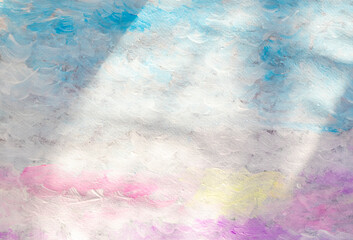 Work of art. Original oil and acrylic painting depicting sunset or sunrise. Clouds with blue and pink in the sunlight.