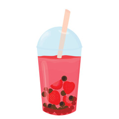Strawberry bubble tea. vector stock illustration. Plastic cups of tasty bubble tea. Mix tapioca pearls for bubble tea.  isolated on white background.