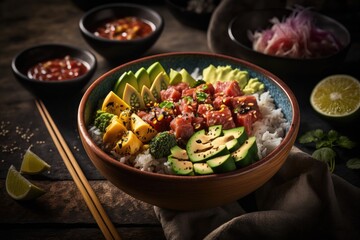 A bowl of Hawaiian poke with rice, fresh tuna and avocado
