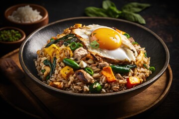 A dish of fried rice with chicken and vegetables topped with a fried egg