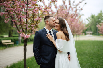 Naklejka premium newlyweds walk in the park among cherry blossoms