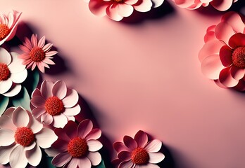 Flowers composition, pink flowers on pastel colors abstract background