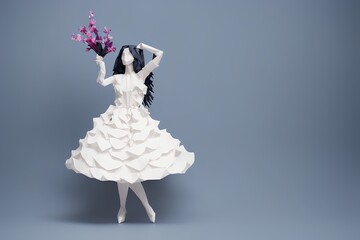 Woman with abstract colorful flowers, paper art style, origami