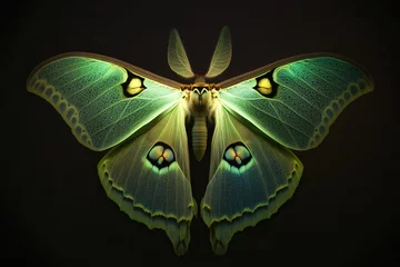 Fotobehang Luna moth wings glowing, concept of Metamorphosis and Bioluminescence, created with Generative AI technology © tookitook