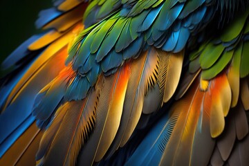Obraz premium Macaw feathers shimmering, concept of Vibrant Color and Iridescent Shine, created with Generative AI technology